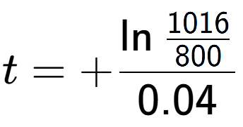 A LaTex expression showing t = +\ln{\frac{1016 over 800 }}{0.04}