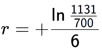 A LaTex expression showing r = +\ln{\frac{1131 over 700 }}{6}