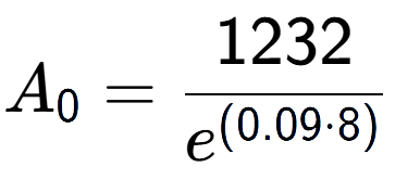 A LaTex expression showing A sub 0 = 1232 over e to the power of (0.09 times 8)