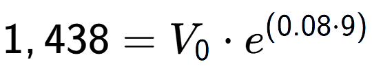 A LaTex expression showing 1,438 =V sub 0 times e to the power of (0.08 times 9)