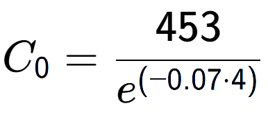 A LaTex expression showing C sub 0 = 453 over e to the power of (-0.07 times 4)