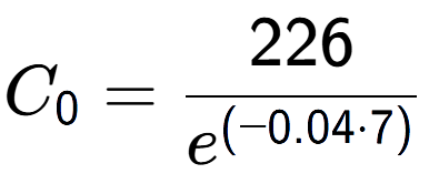 A LaTex expression showing C sub 0 = 226 over e to the power of (-0.04 times 7)