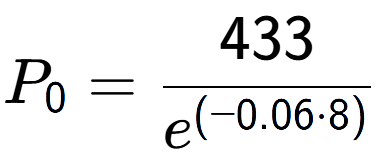 A LaTex expression showing P sub 0 = 433 over e to the power of (-0.06 times 8)