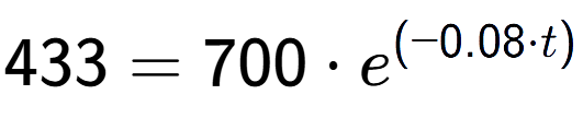 A LaTex expression showing 433 =700 times e to the power of (-0.08 times t)