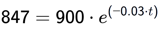 A LaTex expression showing 847 =900 times e to the power of (-0.03 times t)