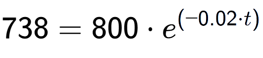 A LaTex expression showing 738 =800 times e to the power of (-0.02 times t)