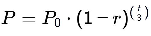 A LaTex expression showing P = P sub 0 times (1 - r) to the power of ( t over 3 )