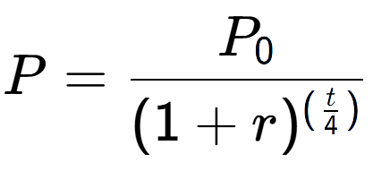 A LaTex expression showing P = P sub 0 over (1 + r) to the power of ( \frac{t {4 )}}