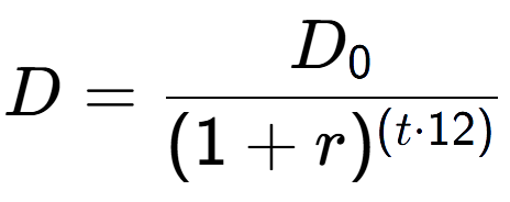 A LaTex expression showing D = D sub 0 over (1 + r) to the power of ( t times 12)