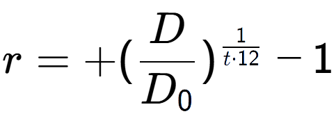 A LaTex expression showing r = +(D over D sub 0 ) to the power of 1 over t times 12 - 1