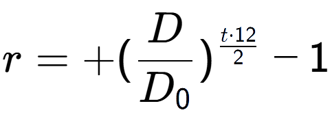 A LaTex expression showing r = +(D over D sub 0 ) to the power of t times 12 over 2 - 1