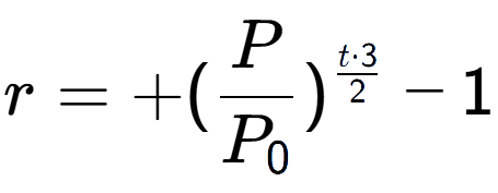 A LaTex expression showing r = +(P over P sub 0 ) to the power of t times 3 over 2 - 1