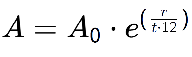 A LaTex expression showing A = A sub 0 times e to the power of (r over t times 12 )