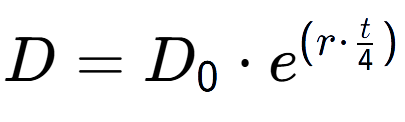 A LaTex expression showing D = D sub 0 times e to the power of (r times t over 4 )