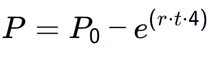 A LaTex expression showing P = P sub 0 - e to the power of (r times t times 4)