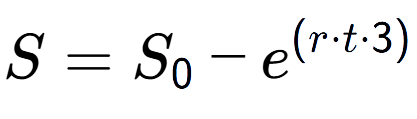A LaTex expression showing S = S sub 0 - e to the power of (r times t times 3)