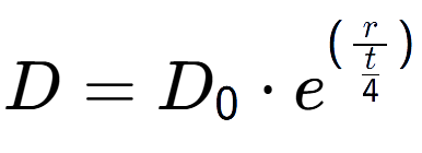 A LaTex expression showing D = D sub 0 times e to the power of (r over \frac{t {4 })}