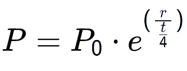 A LaTex expression showing P = P sub 0 times e to the power of (r over \frac{t {4 })}