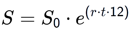 A LaTex expression showing S = S sub 0 times e to the power of (r times t times 12)