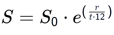 A LaTex expression showing S = S sub 0 times e to the power of (r over t times 12 )