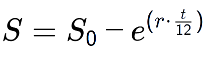 A LaTex expression showing S = S sub 0 - e to the power of (r times t over 12 )