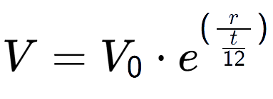 A LaTex expression showing V = V sub 0 times e to the power of (r over \frac{t {12 })}