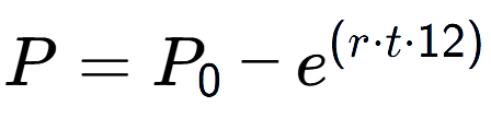 A LaTex expression showing P = P sub 0 - e to the power of (r times t times 12)