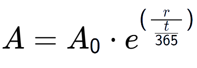 A LaTex expression showing A = A sub 0 times e to the power of (r over \frac{t {365 })}