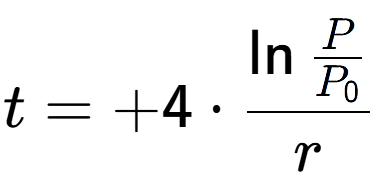 A LaTex expression showing t = +4 times \ln{\frac{P over P sub 0 }}{r}