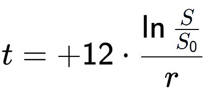 A LaTex expression showing t = +12 times \ln{\frac{S over S sub 0 }}{r}