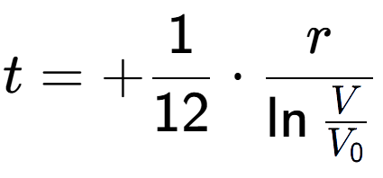 A LaTex expression showing t = +1 over 12 times r over \ln{\frac{V {V sub 0 }}}
