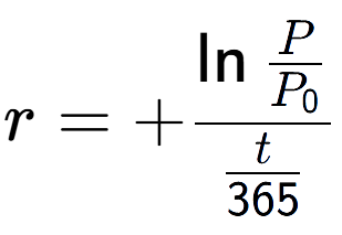 A LaTex expression showing r = +\ln{\frac{P over P sub 0 }}{t over 365 }