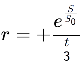 A LaTex expression showing r = +e to the power of \frac{S over S sub 0 }{t over 3 }