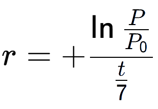A LaTex expression showing r = +\ln{\frac{P over P sub 0 }}{t over 7 }