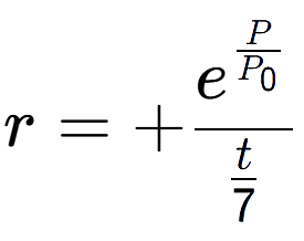 A LaTex expression showing r = +e to the power of \frac{P over P sub 0 }{t over 7 }