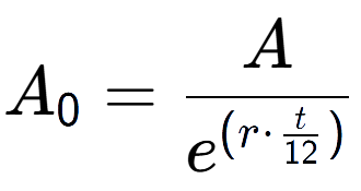 A LaTex expression showing A sub 0 = A over e to the power of (r times \frac{t {12 )}}