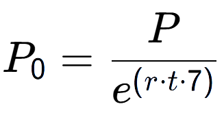 A LaTex expression showing P sub 0 = P over e to the power of (r times t times 7)