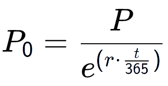 A LaTex expression showing P sub 0 = P over e to the power of (r times \frac{t {365 )}}