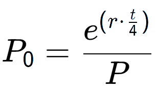 A LaTex expression showing P sub 0 = e to the power of (r times \frac{t over 4 ) }{P}