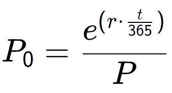 A LaTex expression showing P sub 0 = e to the power of (r times \frac{t over 365 ) }{P}