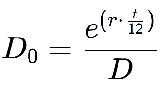 A LaTex expression showing D sub 0 = e to the power of (r times \frac{t over 12 ) }{D}
