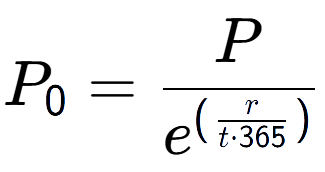 A LaTex expression showing P sub 0 = P over e to the power of (\frac{r {t times 365 )}}