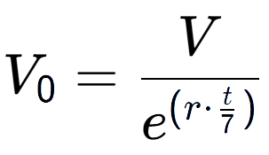 A LaTex expression showing V sub 0 = V over e to the power of (r times \frac{t {7 )}}