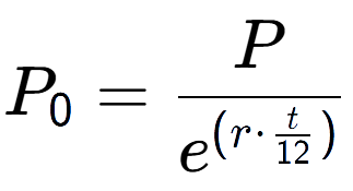 A LaTex expression showing P sub 0 = P over e to the power of (r times \frac{t {12 )}}