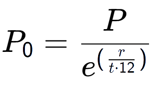 A LaTex expression showing P sub 0 = P over e to the power of (\frac{r {t times 12 )}}