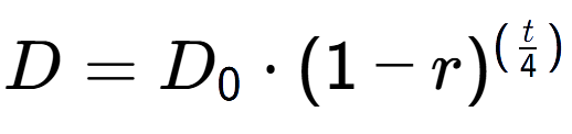 A LaTex expression showing D = D sub 0 times (1 - r) to the power of ( t over 4 )