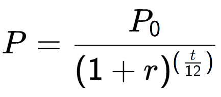 A LaTex expression showing P = P sub 0 over (1 + r) to the power of ( \frac{t {12 )}}