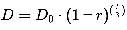 A LaTex expression showing D = D sub 0 times (1 - r) to the power of ( t over 3 )