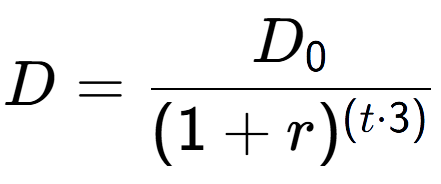 A LaTex expression showing D = D sub 0 over (1 + r) to the power of ( t times 3)
