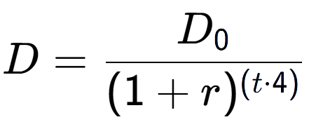A LaTex expression showing D = D sub 0 over (1 + r) to the power of ( t times 4)